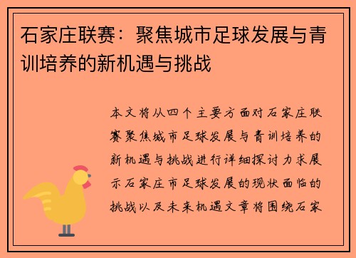石家庄联赛：聚焦城市足球发展与青训培养的新机遇与挑战