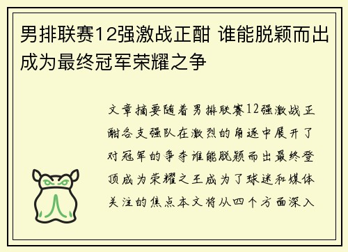 男排联赛12强激战正酣 谁能脱颖而出成为最终冠军荣耀之争