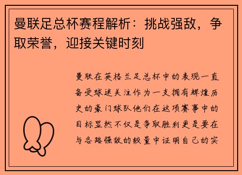 曼联足总杯赛程解析：挑战强敌，争取荣誉，迎接关键时刻